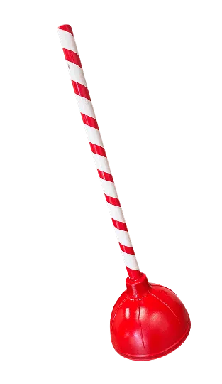 Red plunger with a candy-cane striped handle standing upright on a black background