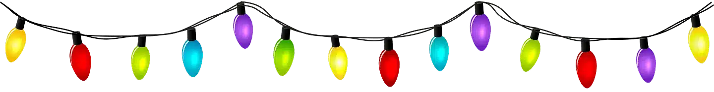 Colorful string lights hanging in a row with glowing bulbs in multiple colors