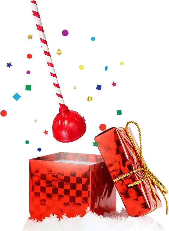 Red open gift box on snow with colorful confetti bursting out